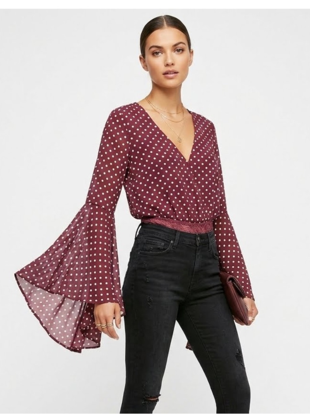 Wishlist Apparel Polka Dot Twee Bodysuit Burgundy V-Neck Bell Sleeve Size Large